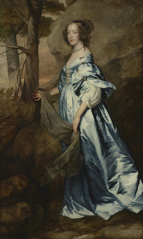 oil painting of woman standing in blue dress holding green scarf
