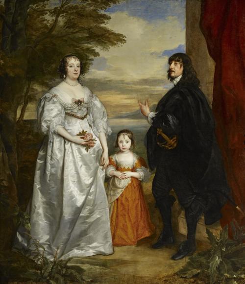 oil painting of standing woman in white dress, young girl in orange dress and man in black garb