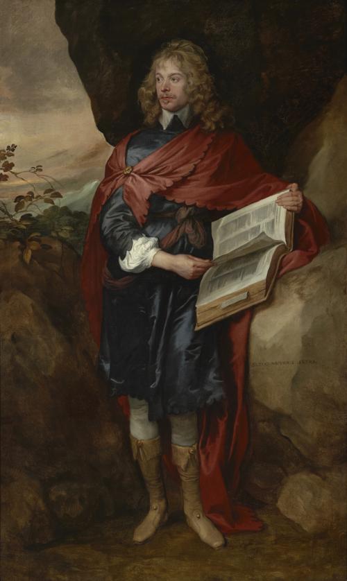 oil painting of man standing in blue garb with red cloak, resting book on rock