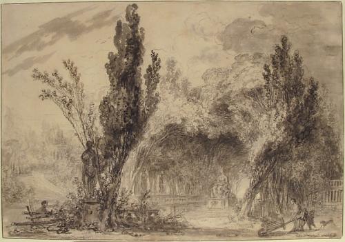 Drawing of a park with trees and sculpture features.