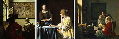 three Vermeer oil paintings, including, man and woman seated at open window, woman handing paper to seated woman, and man standing over the shoulder of seated woman, circa 1600s