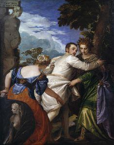 Painting of man in white garb stretching between two women in dresses