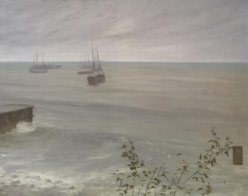 painting in greys, blues, and lavender of ocean with ships in the distance