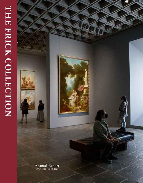 cover of 2020-21 Annual Report, with patrons in Frick Madison gallery