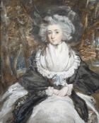 pastel drawing of 18th century woman wearing black and white dress seated in front of trees with powdered hair