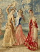 Close-up of tapestry with three shepherdesses dancing