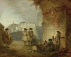 painting of soldiers standing and seated against wall, circa 1711