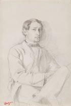 pencil drawing of seated man with leg crossed atop his knee