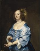 Half length oil portrait of a woman with a blue dress wearing pearls, set against a brown background