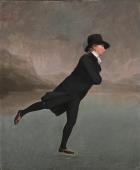 painting of minister ice skating wearing black stockings, coat, and hat.