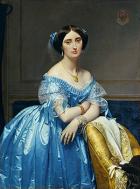 painting of young woman wearing full-skirted blue satin dress leaning on a gold upholstered chair