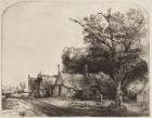 etching of cottages with tree in the foreground.