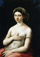 painting of a seated partially-nude woman wearing a turban and holding her exposed breasts