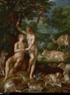 painting depicting Eve handing Adam an apple, surrounded by animals within lush garden
