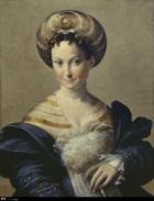 Painting of a half-length woman wearing a round headdress, big blue sleeves, and holding a white fan