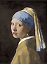 Painting of a young woman looking over her shoulders, wearing a headdress and a large pearl earring.