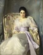 Oil painting of woman in white dress with lilac sash sitting in chair