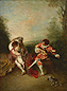 a painting of a couple embracing while a man plays a guitar and a dog nearby