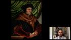 video still of Xavier Salomon and oil painting of man with hat, and distinct necklace