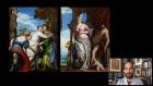 video still of Xavier Salomon and two oil paintings with multiple figures