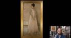 video still of Xavier Salomon and oil painting of woman standing, wearing long dress