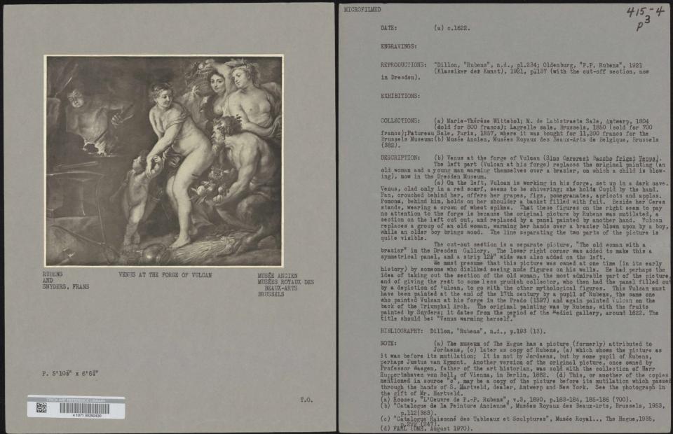 Side-by-side of both sides of an archival record of an oil painting by Rubens. On the left is the recto of a mounted photo reproduction of the oil painting. On the right is the verso, with typed text containing provenance and descriptive information.