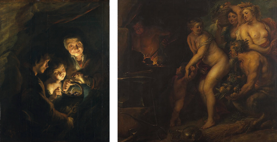 Two oil paintings, one of an old woman and two boys around a brazier, the woman warming her hands and the younger boy blowing on the coals, the other of a forest scene of Venus, Cupid, three deities holding fruits of a harvest, and Vulcan at his forge.