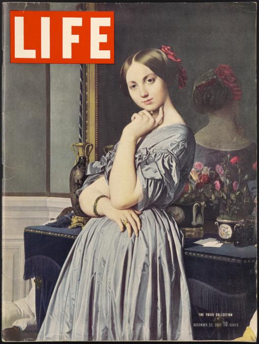 Cover of LIFE magazine, featuring a color photo of Ingres's Comtesse d'Haussonville, an oil painting of a woman in a blue dress leaning against a dresser in front of a mirror