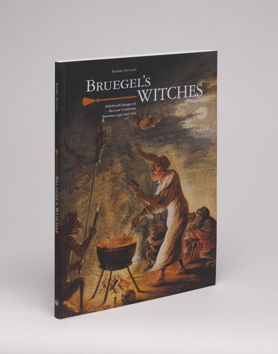 Cover of "Bruegel's Witches" featuring a detail from a painting of witches, bats, and other supernatural creatures around a cauldron