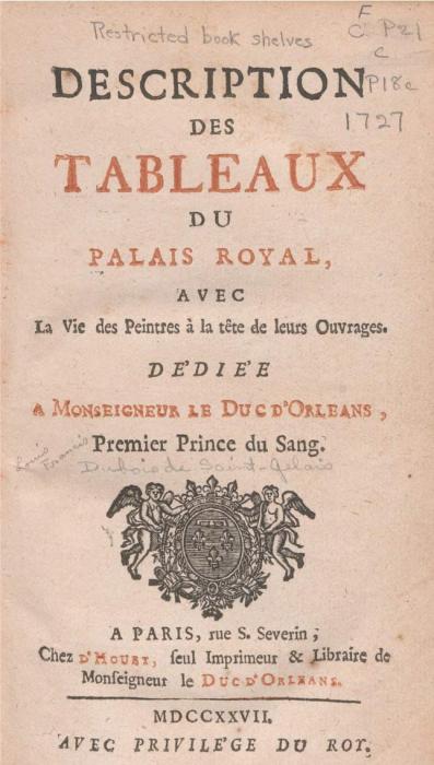 Cover page titled "Description des Tableaux du Palais Royal" with a decorative coat of arms