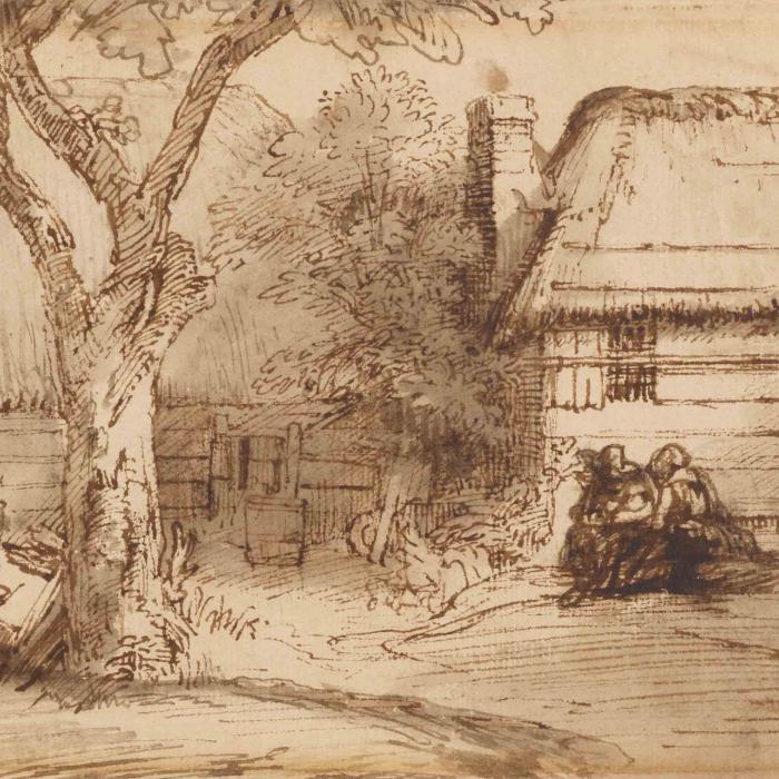 Pen and ink drawing on paper of farmyard with a tree and figures.