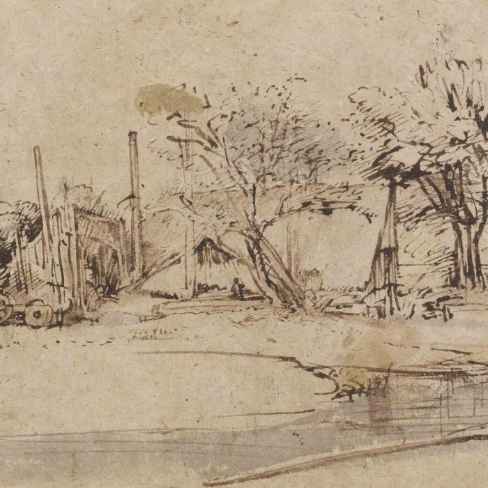 landscape with a cottage, trees, and a stream.