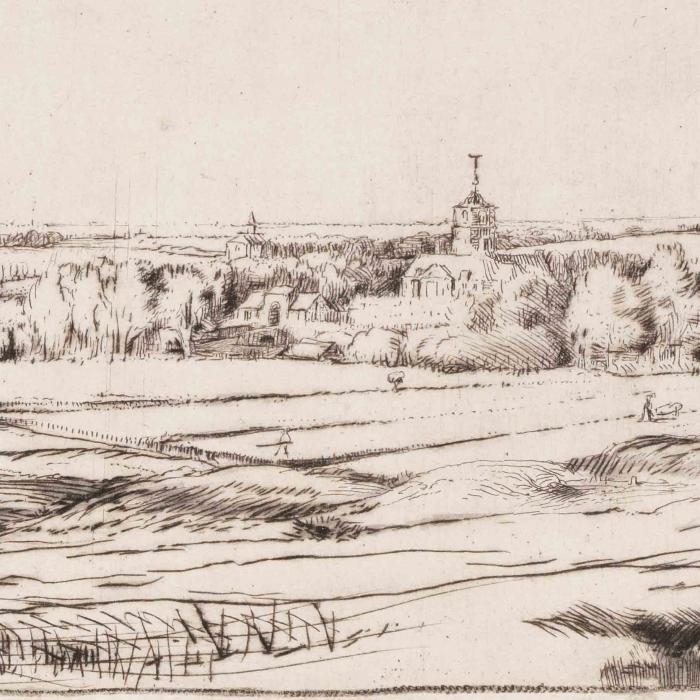 landscape of fields and rolling hills with a small village and church in the distance. 