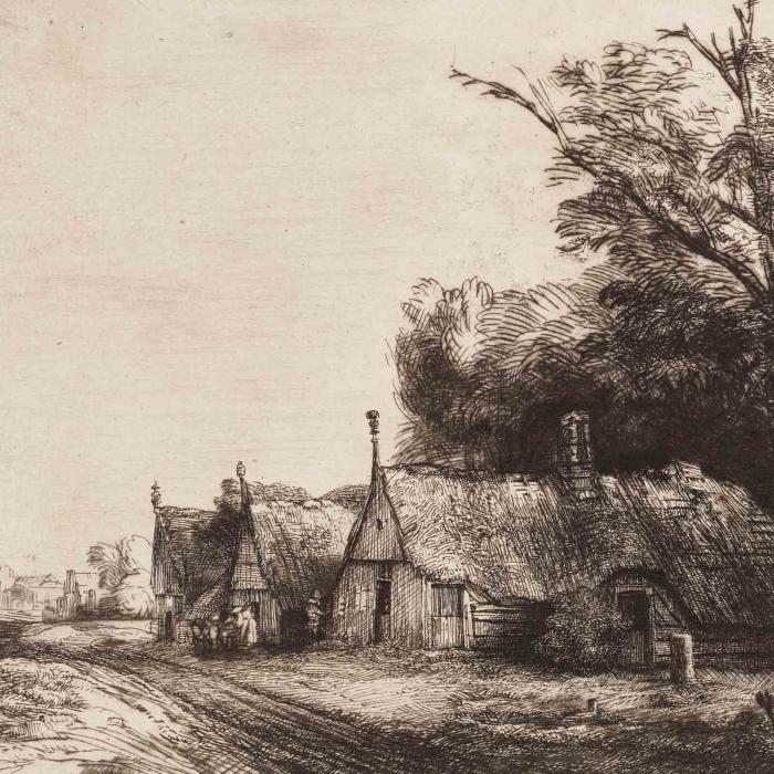 a landscape with three cottages along a road, with a large tree in front of the first cottage. 