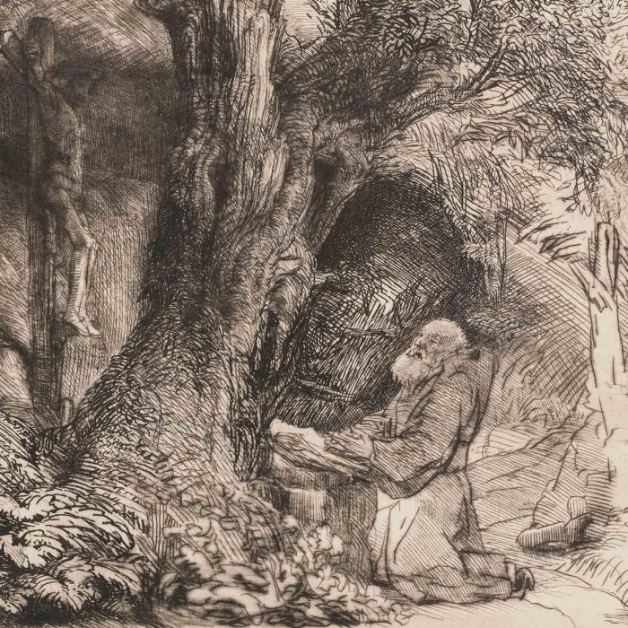 Saint Francis praying on his knees in a densely wooded forest beneath a tree.