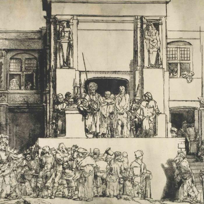 Pilate and Christ stand on a raised platform above a crowd in an open square