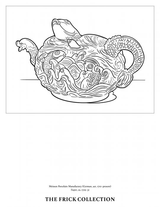 outline drawing of teapot with fish designs