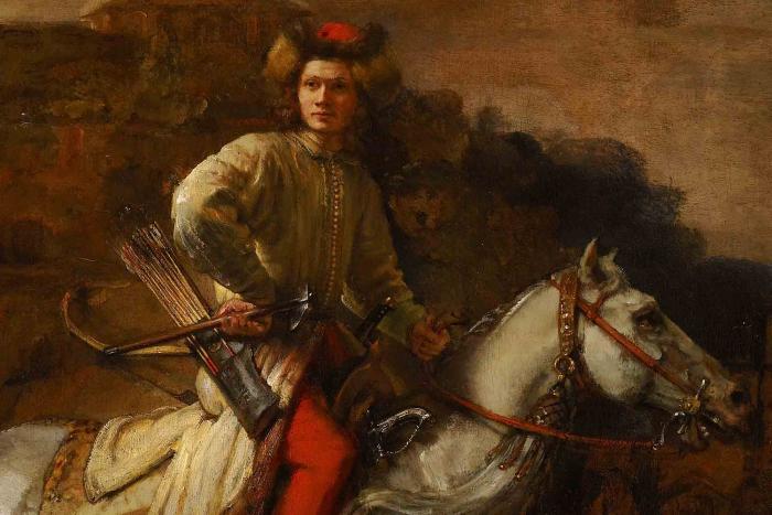 Oil painting of man riding horse