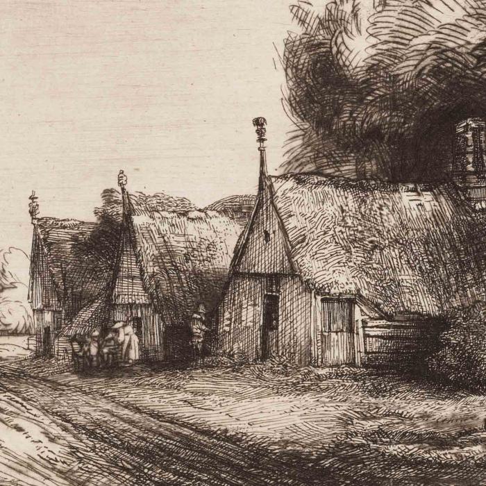 etching of cottages with tree in the foreground.