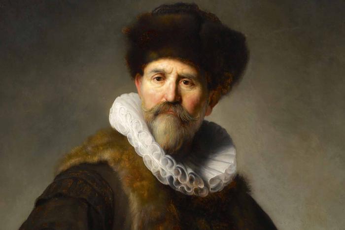 Wealthy merchant posing with a wide collar and fur over his shoulder