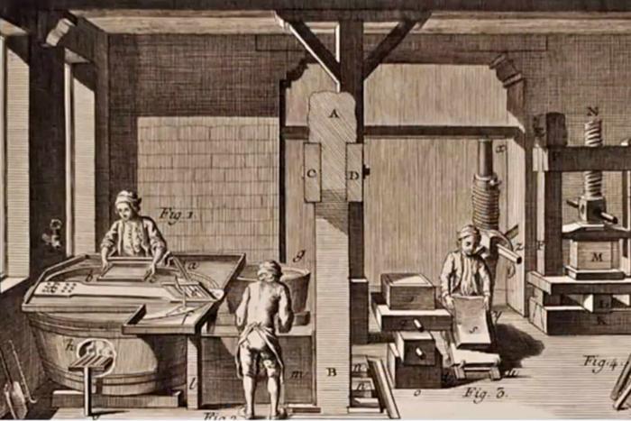 illustration of paper making process in the 17th century
