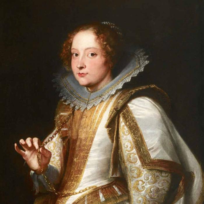 portrait of a young woman in white and gold dress