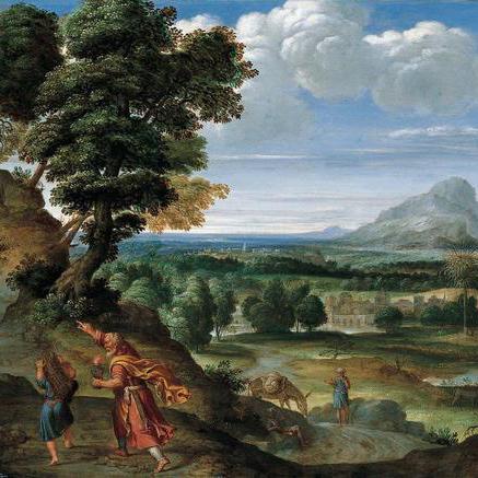 landscape with mountain in the background with tree and people in the front