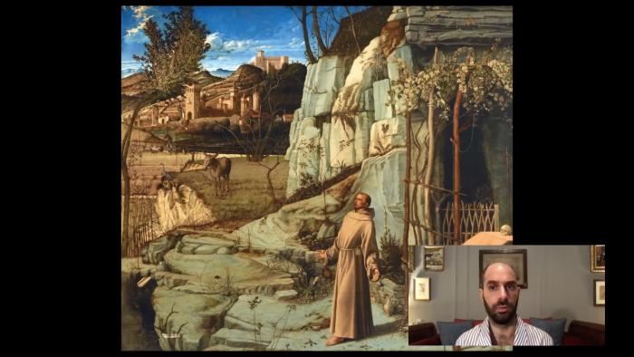video still of man talking with detail of painting of man in robes standing in desert