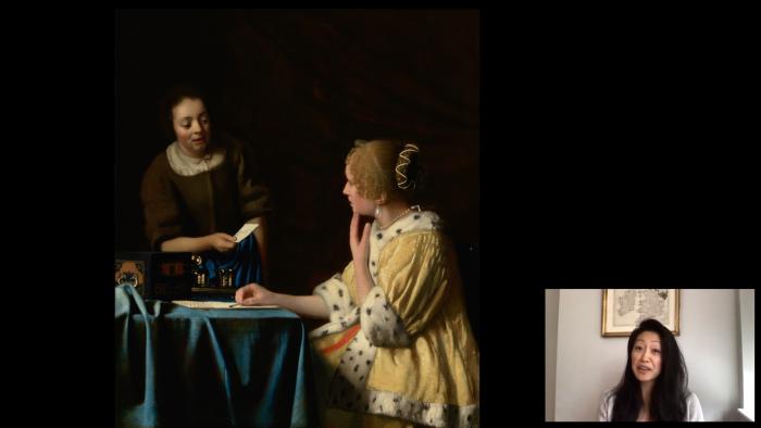 video still of woman talking oil painting of two women at table