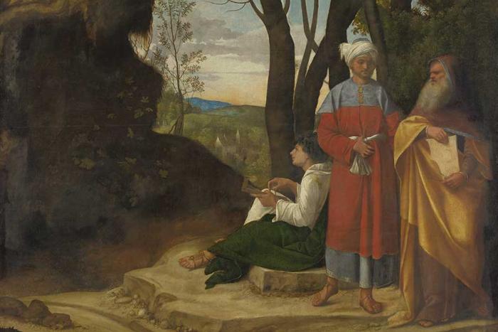 oil painting of two standing men and one man seated on the ground in a wilderness setting