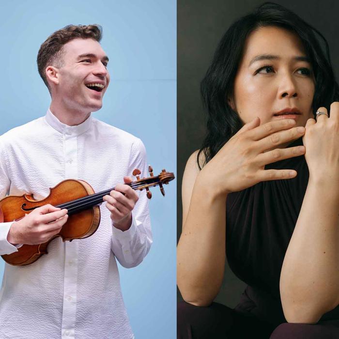 collage of performers, man holding violin on left, woman with closeup of hand on right