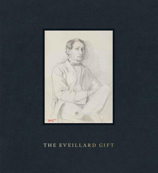 book cover entitled the Eveillard Gift, with sketch of seated man with crossed legs