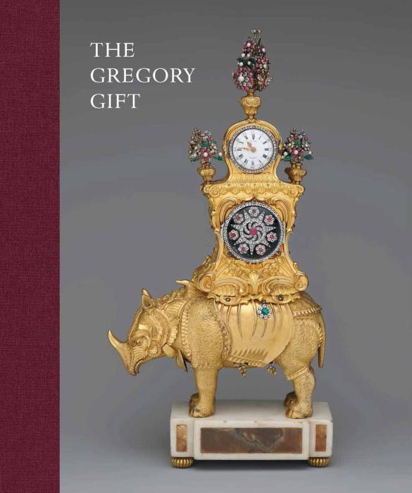 book cover entitled The Gregory Gift, with gilt bronze rhinoceros on stand with clock on top of its back