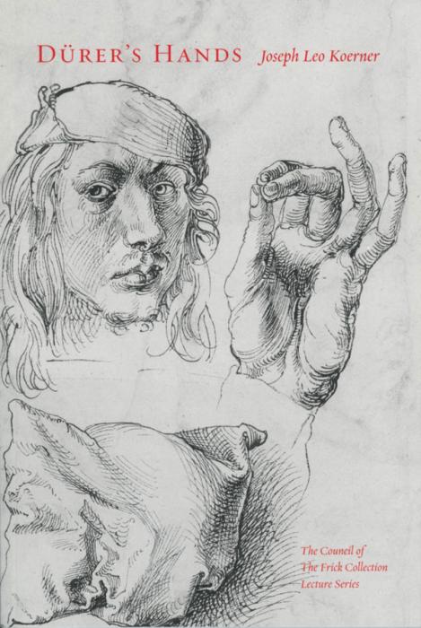 cover of Dürer’s Hands, depicting black sketches of mans face with hat, large hand and garment